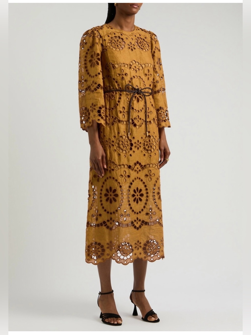 Zimmermann Pop Embroidered 3/4 Sleeve Linen Tan Midi Dress Size 8-10